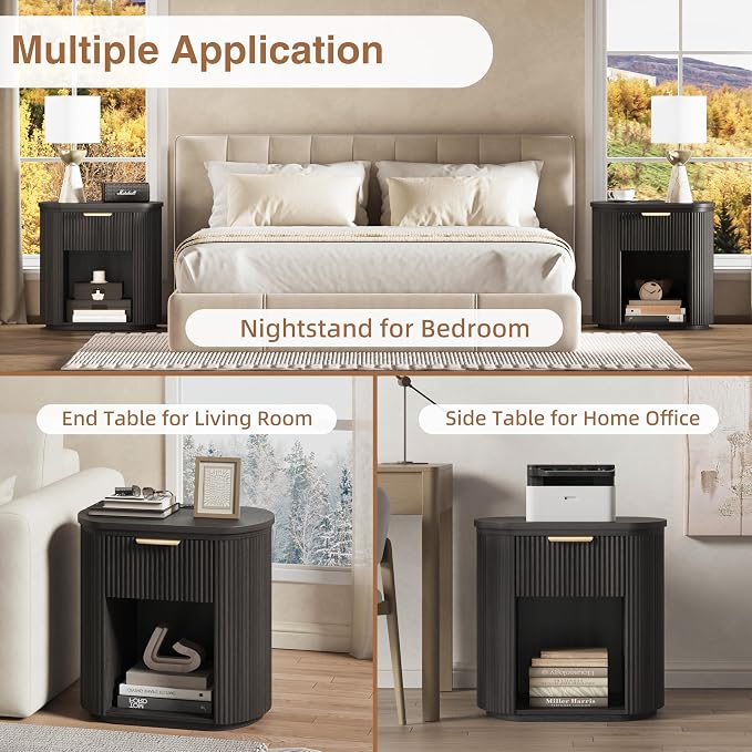 Fluted Nightstand with Charging Station, 23.6" Large Bedside Side Table with Drawer, Wood End Table with Storage, Curved Round Corner, Furniture Bedroom Sofa, Mid Century Modern, Vintage, Black - Image 8