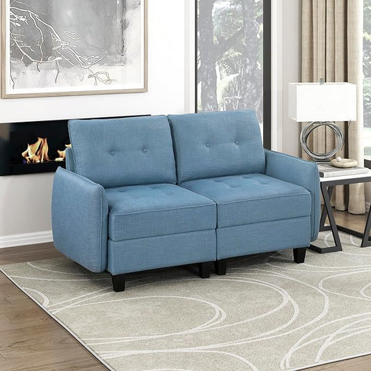 Lexicon Modern Loveseat with Hidden Storage, Textured Fabric Modular Love Seat with Button-Tufted Design, Reversible Back Cushion for Living Room/Bedroom/Office, Blue