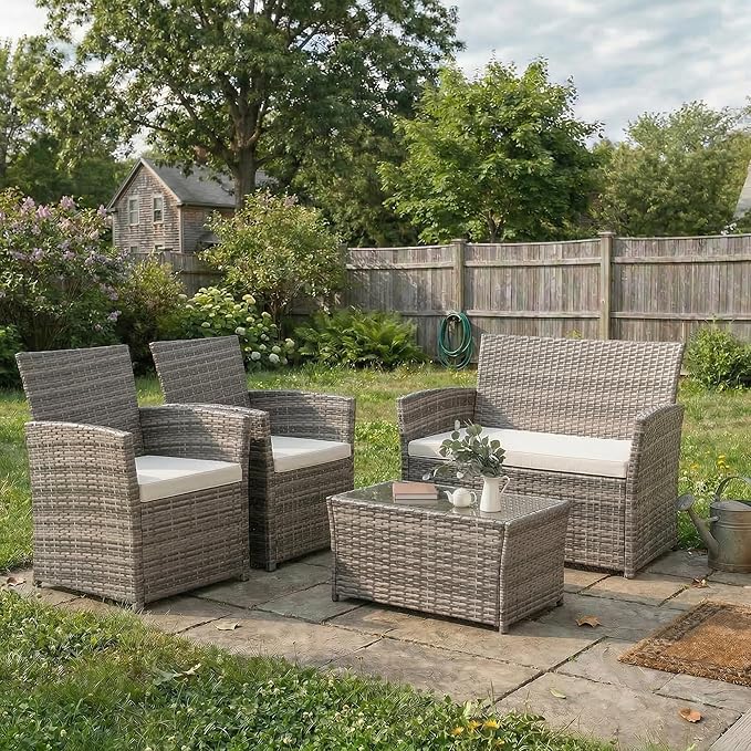 FHFO 4 Piece Outdoor Patio Furniture Set, Wicker Conversation Set, Rattan Table and Chairs and Loveseat with Cushions for Outside Balcony Porch Backyard (Gray-Beige)