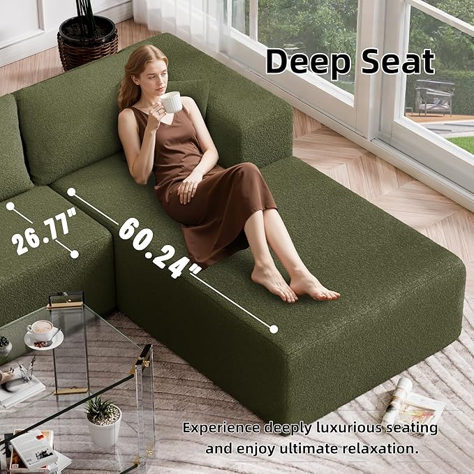 105" Cloud Sectional Couch with L-Shape Chaise,Modern Modular Sofa with Deep Seat, Fluffy Boneless Couches for Living Room Bedroom,No Assembly Required, Green (Plush Wool Fabric)