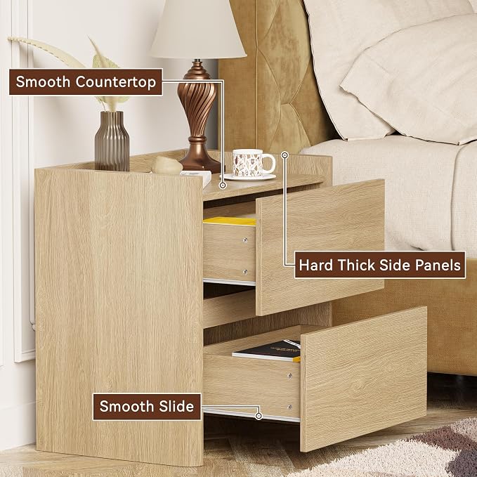 Nightstand with 2 Storage Drawer, Modern End Table for Bedroom with Cut-Out Handle, Large Night Stands for Bedroom, Home Office, Set of 1, Oak - Image 4