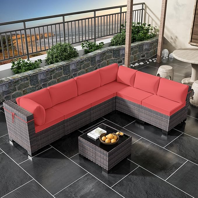 7 Pieces Outdoor Patio Furniture Set,Outdoor Sectional Furniture All Weather PE Rattan Wicker Patio Conversation Set with Coffee Table and 6 Thickened Cushions,Red