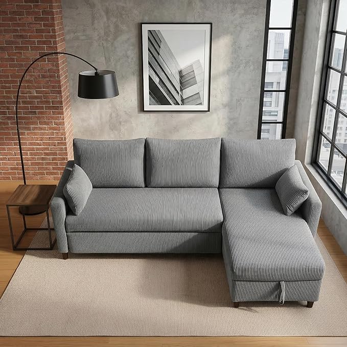 Casaphoria 85" Corduroy Sleeper Sofa with Pull Out Bed & Storage Chaise, L-Shaped Sectional Couch for Small Apartment, Living Room & Guest Room, 3-Seat Convertible Sofa Bed, Dark Gray