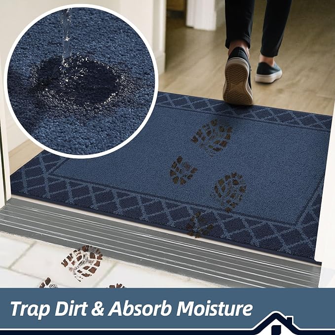 BEQHAUSE Door Mat Indoor Entrance Dirt Trapper Rugs for Entryway Non Slip Welcome Mat Absorbent Floor Mat Low Profile Washable Front Doormat for Dirty Paws, 24" x 36", Navy Blue - Image 4