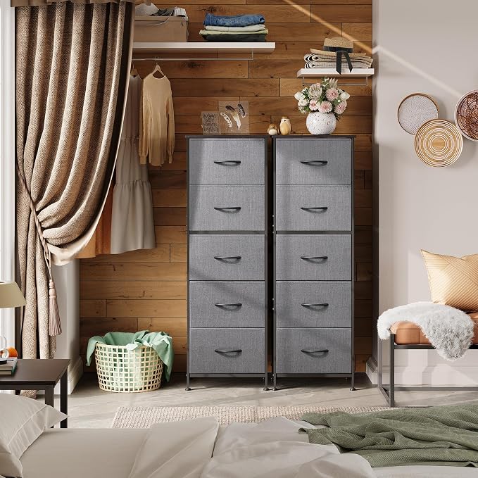 WLIVE Fabric Dresser, 5-Drawer Tall Dressers for Bedroom, Storage Dresser Organizer with Fabric Bins, Wood Top, Sturdy Steel Frame, Chest of Drawers for Closet, Hallway, Dark Grey - Image 4
