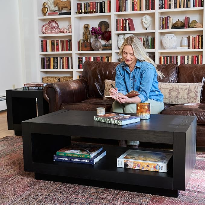Maven Lane Artemis Coffee Table – 18 Inch Rectangle Table with Storage – Black Solid Wood – Ideal for Living Room and Lounge