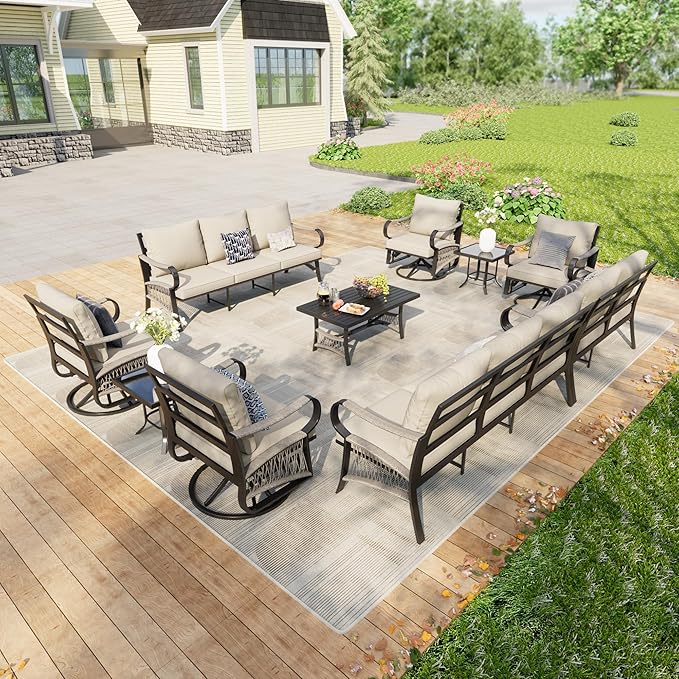10-Piece Outdoor Patio Conversation Sets, Rope Outdoor Furniture Set Metal 2 Three-Seater Couch, 4 Swivel Rockers with 2 Side Tables, Loveseat Sofa with Coffee Table for Backyard Porch Poolside, Beige
