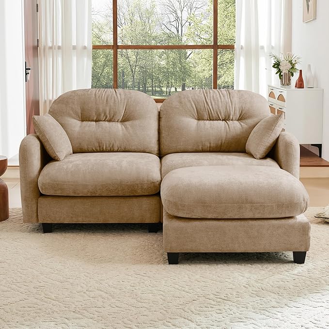 KEIKI 74" L-Shaped Oversized Chenille Modular Sectional Loveseat Sofa with 1 Ottoman, High-Density Foam Cushions, Tufted Pleated Cushion Backrest, 2-Seater Couch with 2 Pillow, for Living Room, Camel