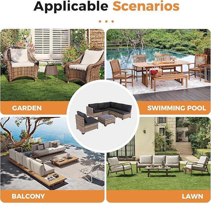 7 Piece Outdoor Wicker Patio Furniture Set, Rattan Sectional Sofa Conversation Set with Coffee Table & Cushions, for Poolside Backyard Garden Porch, Brown Wicker/Black Cushion