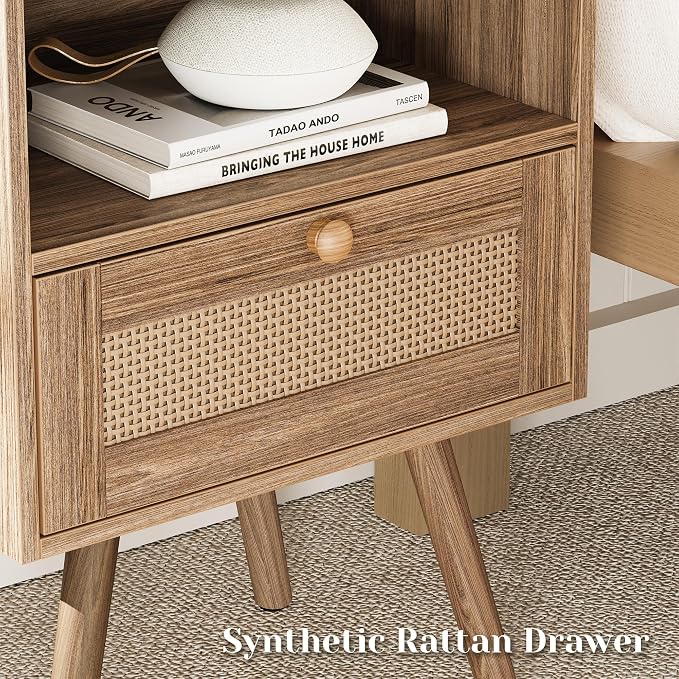 SUPERJARE Nightstand with Charging Station & Rattan-Like Decor Drawer, Rattan End Table with Solid Wood Feet, Bed Side Table with Open Storage, for Bedroom, Living Room, Dormitory, Walnut - Image 6
