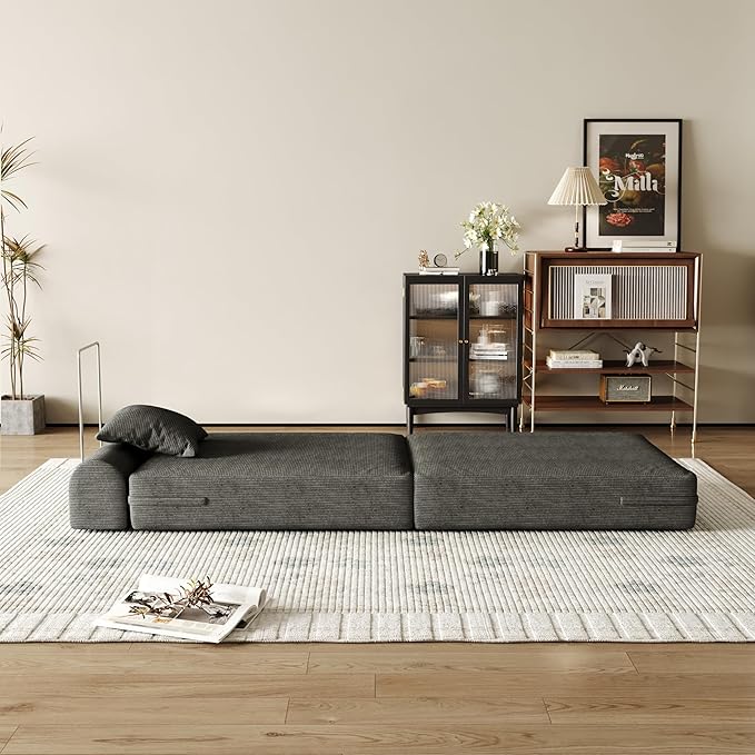 31.5'' Convertible Compressed Corduroy Folding Cloud Sofa Bed, Modern Boneless Pull Out Sleeper Sofa Couch in a Box, 3 in 1 Portable Lazy Floor Lounge Chair, for Small Space, Grey, Pillow, Single