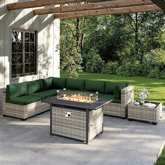 8-Piece Outdoor Patio Furniture Set with 55,000 BTU Fire Pit Table, PE Wicker Rattan Sectional Sofa Conversation Set - All-Weather Garden, Backyard Furniture, Green