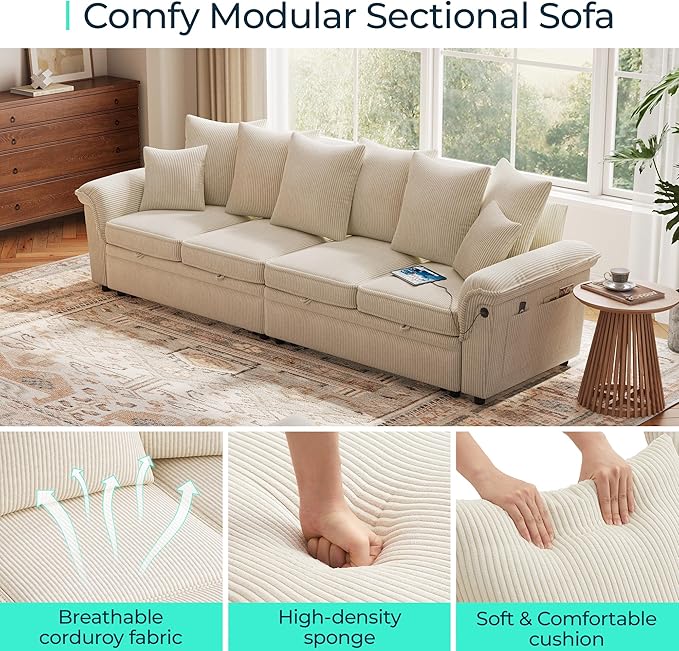 LINSY HOME Oversized Sectional Sleeper Sofa with Pull Out Couch Bed (Beige, 110.5'') | USB Charging, Pillow-style Armrest, Multiple Cushions, Modular Sofa, Corduroy Fabric