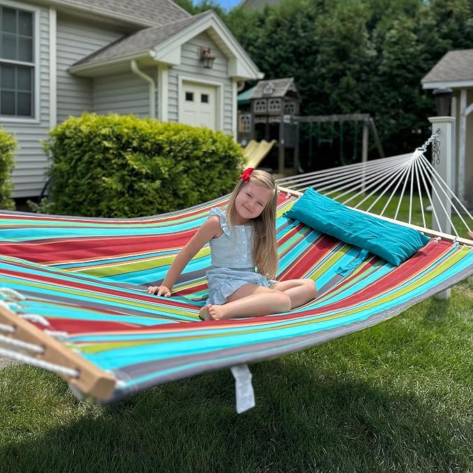 Lazy Daze Hammocks 12 FT Quilted Fabric Double Hammock with Spreader Bars and Detachable Pillow, 450lbs Weight Capacity - Image 7