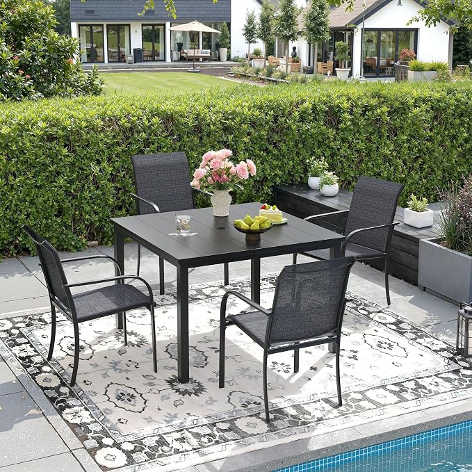 DIFY 5 Pieces Outdoor Patio Dining Set for 4, 40.2" Black Square Metal Dining Table and 4 Grey Stackable Textilene Patio Chairs, Outdoor Table and Chairs for Backyard Garden Poolside by DIFY