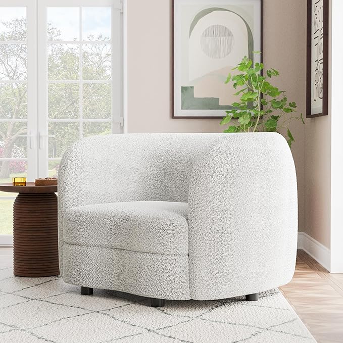Furniture of America Nimiane Modern Boucle Barrel Chair with Curved Arms and Wooden Legs, Fabric Upholstered Armchair, Comfy Sofa Chair for Living Room, Bedroom, Home Office, Off-White