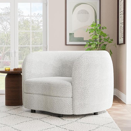 Furniture of America Nimiane Modern Boucle Barrel Chair with Curved Arms and Wooden Legs, Fabric Upholstered Armchair, Comfy Sofa Chair for Living Room, Bedroom, Home Office, Off-White