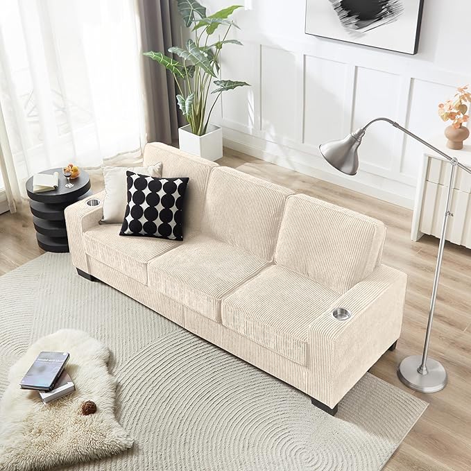 83" Modern Cloud Sofas for Living Room Bedroom, 3 Seat Modular Couch Soft Corduroy Upholstered Loveseat Couches with Cupholders for Home Apartment Office Studio