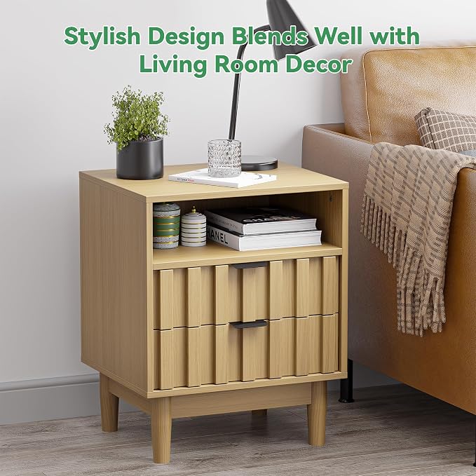 Fluted Nightstand Set of 2 with 2 Drawers, 19" Wide Night Stand with Solid Wood Legs, Open Storage Shelf, Mid Century Modern Wooden Bedside Table for Bedroom, Bed End Side Table, Oak - Image 6