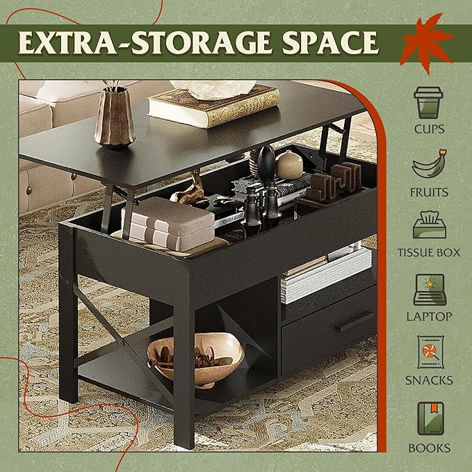 WLIVE Coffee Table, 39" Lift Top Coffee Table with Hidden Compartment, Storage Drawers and Storage Shelf for Living Room, Reception Room, Black