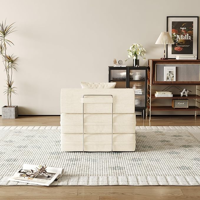 31.5'' Convertible Compressed Corduroy Folding Cloud Sofa Bed, Modern Boneless Pull Out Sleeper Sofa Couch in a Box, 3 in 1 Portable Lazy Floor Lounge Chair, No Assembly Needed, Beige, Pillow, Single