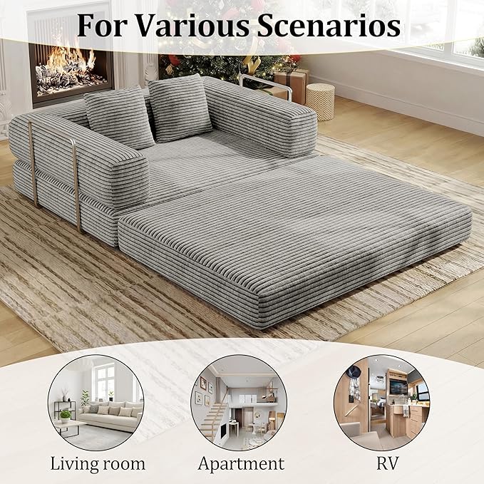 4 in 1 Futon Sofa Bed Queen Size - Foldable Convertible Sleeper Sofa Couch with L-Shaped Support, Removable Washable Floor Space Saving for Bedroom & Dorm (Light Gray, 53.15" Double Sofa)
