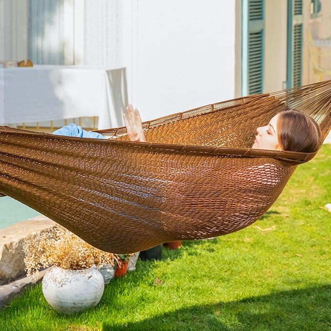 PNAEUT Handwoven Mayan Hammock, Thick Soft Rope Double Hammock for Outdoor Outside & Indoor, 600 lbs Capacity Heavy-Duty, Includes Tree Straps, Carabiners & Carrying Bag (Desert, X-Large) - Image 2