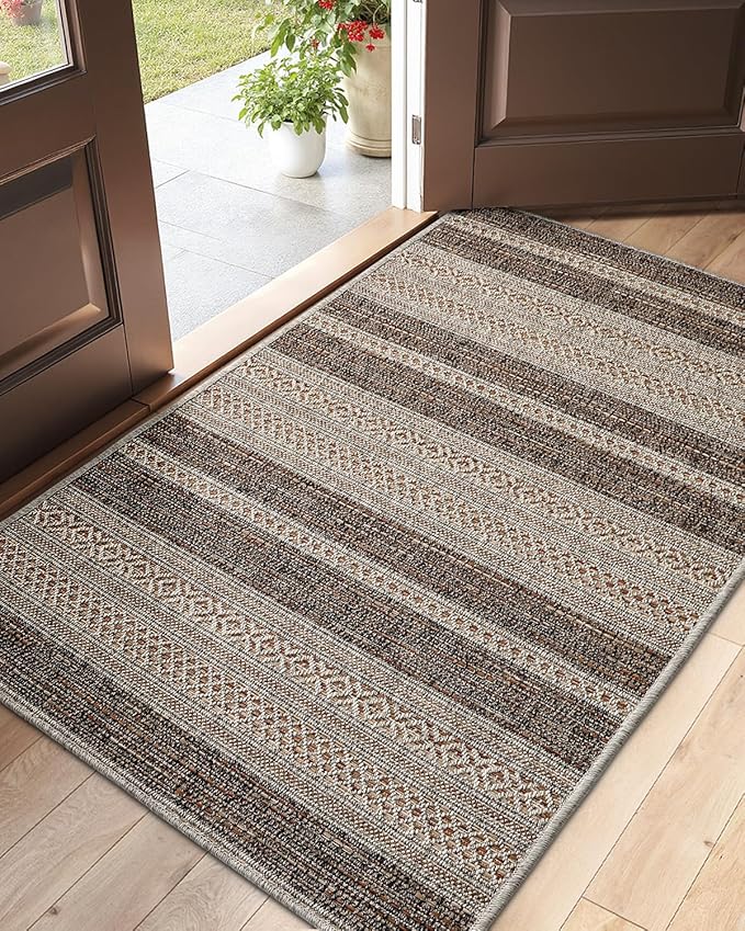DEXI Dirt Trapper Door Mat, 31x60 Washable Doormat, Dirt Resistant and Absorbent, Easy Clean Low-Profile Floor Rugs for Entryway, Front Door, and Inside Entrance, Striped Brown by DEXI