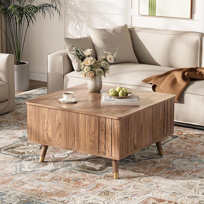 Square Coffee Table with Lift-Top & Flip-Top Storage, 36" Functional Modern Accent Center Table with Solid Wood Legs, Rustic Walnut Coffee Tables for Living Room Small Space or Office