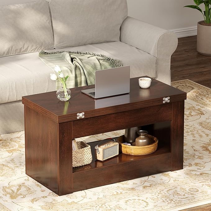 40" Lift Top Coffee Table, 4 in 1 Multi-Function Lift Coffee Table with Storage and Hidden Compartment, Convertible Coffee Tables to Dining Table for Living Room, Walnut