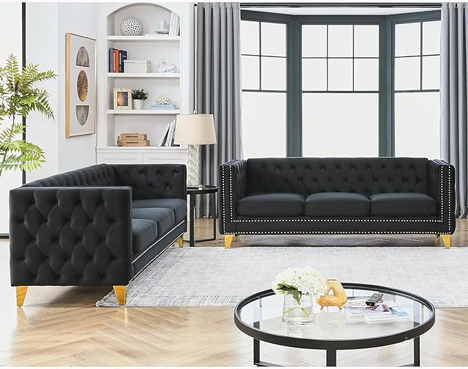 KEIKI Tufted Velvet 3+3 Seat Sofa Couch for Living Room, Buttons Tufted Square Arm Couch for Home Apartment, Black