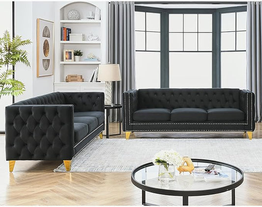 KEIKI Tufted Velvet 3+3 Seat Sofa Couch for Living Room, Buttons Tufted Square Arm Couch for Home Apartment, Black