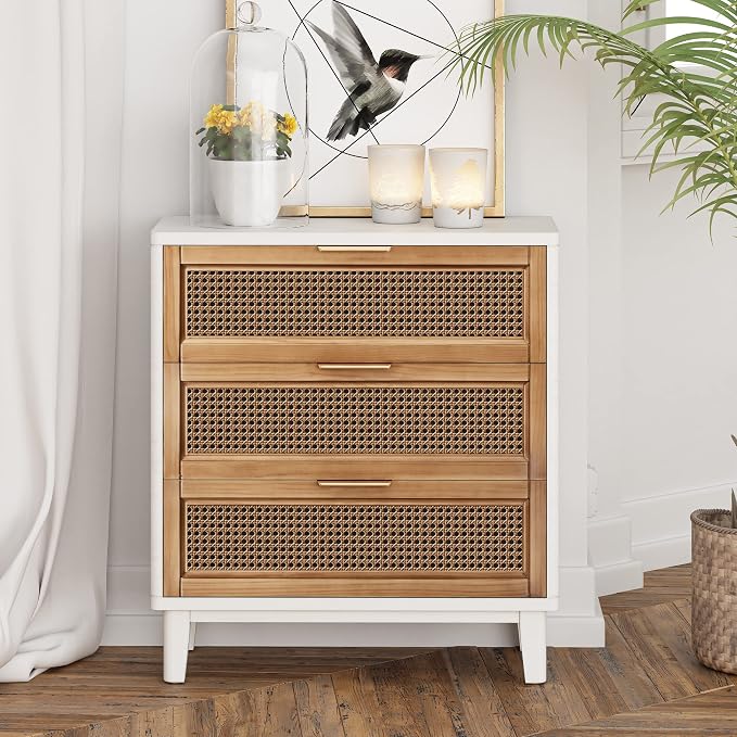 COZAYH Farmhouse 3-Drawer Nightstand, Rattan Cane Front Accent Dresser with Brass Pull, Distressed White - Image 6
