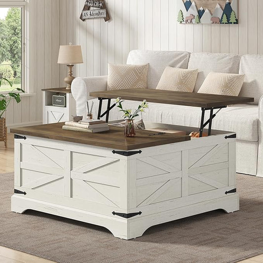 Furnideco 35.5''W Square Coffee Table Farmhouse Lift top Coffee Table with Large Hidden Storage, Wood Center Table for Living Room, Home Office, Brown Top
