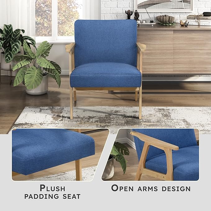 Lexicon Mid Century Modern Accent Chair, Upholstered Lounge Armchair, Single Sofa Seat, Natural Finish Solid Wood Framed Comfy Side Chairs for Living Room/Bedroom/Office/Waiting Area, Blue