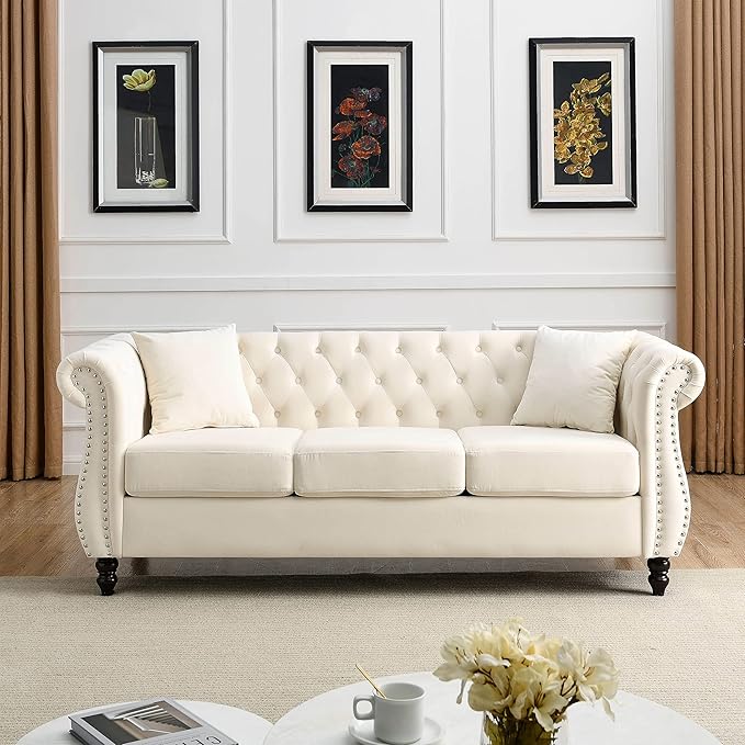 KEIKI Chesterfield Sofa, Retro Style Upholstered 3+3 Seats Velvet Couch with Rolled Arm for Living Room Bedroom Office, Beige