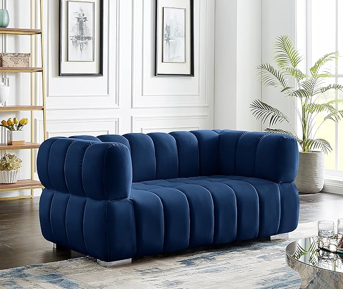 Meridian Furniture 670Navy-L Gwen Collection Modern | Contemporary Velvet Upholstered Loveseat with Deep Biscuit Tufting