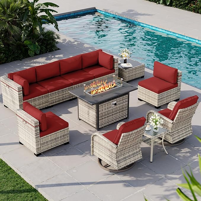 11-Piece Outdoor Patio Furniture Set with Rocking Swivel Chair, Wicker Rattan Sectional Sofa Conversation Set with 55,000 BTU Fire Pit Table, Backyard Furniture, Red