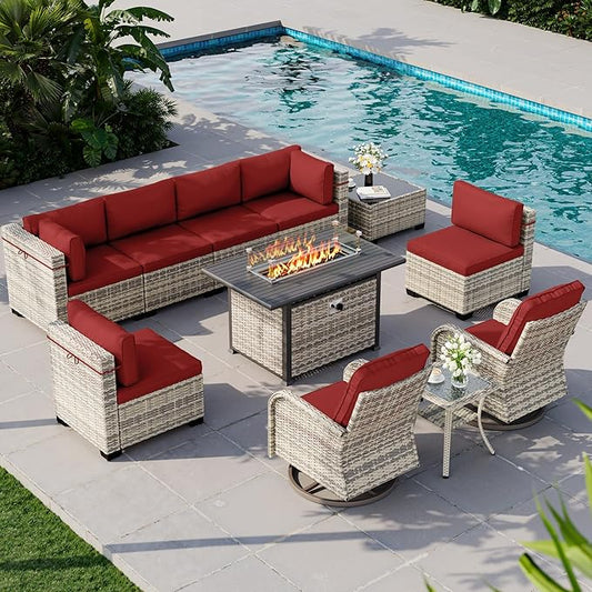 11-Piece Outdoor Patio Furniture Set with Rocking Swivel Chair, Wicker Rattan Sectional Sofa Conversation Set with 55,000 BTU Fire Pit Table, Backyard Furniture, Red