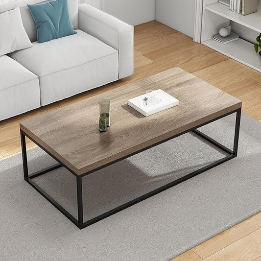 CENSI 47" Industrial Coffee Table, Rustic Grey French Oak Finish, Extra Thick 1.6" Wood Top, Sturdy Metal Frame, Modern Farmhouse Rectangular Cocktail Center Table for Living Room, Easy Assembly