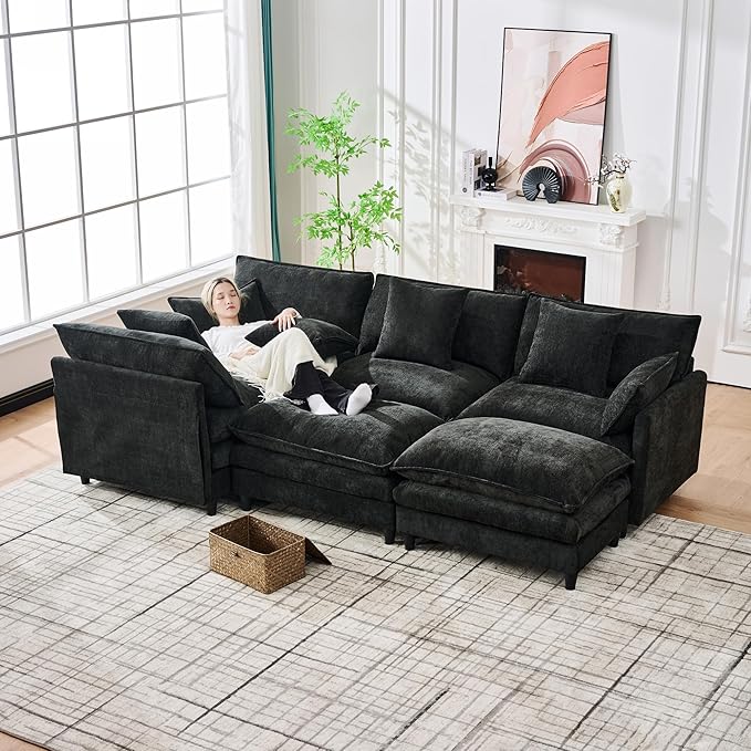 Eafurn 141" Oversized Modular Sectional Sofa with Movable Ottoman, 6 Seater Modern Chenille Reversible Sofa Set, Large Convertible U Shaped Couch for Living Room Apartment