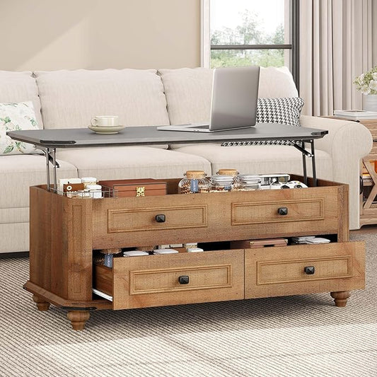 YITAHOME Lift Top Coffee Table with Storage 2 Drawers, Square Coffee Tables for Living Room, Farmhouse Coffee Table with Large Hidden Storage Compartment, Brown