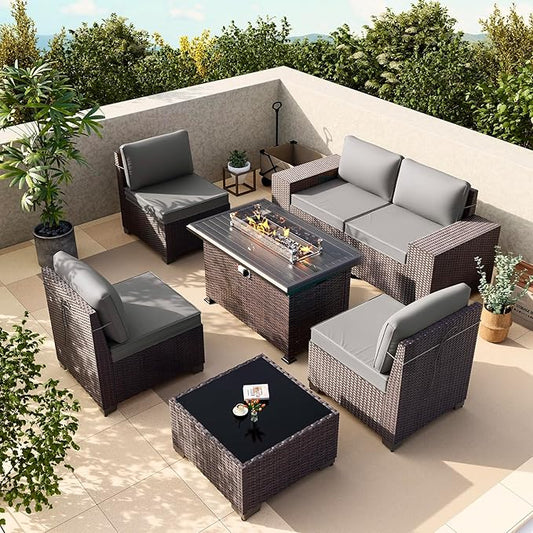 Gotland 7 Pieces Patio Furniture Set with 55000BTU Fire Pit Table, Wicker Patio Set with Wide Armrests 29.5'' High Backrest Thick Cushions 1 Coffee Table, Outdoor Furniture for Porch Deck Gray