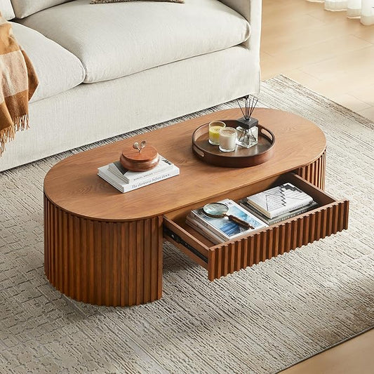 51.18'' Oval Coffee Table for Living Room Fluted Center Table with Drawer, Mid Century Modern Coffee Tables, Easy Assembly for Office Storage Tea Table Brown