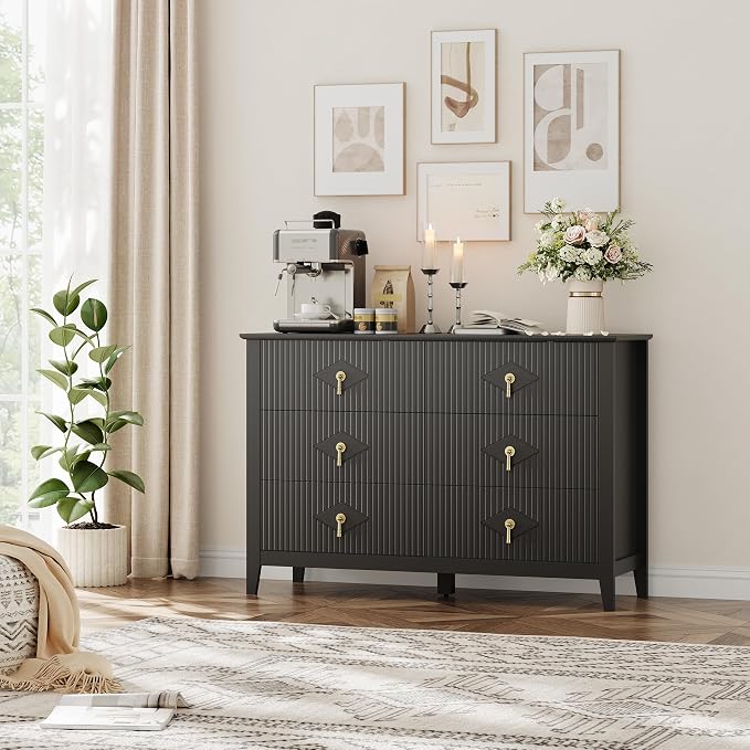 GarveeHome Fluted Dresser for Bedroom, 47.2 Inch Wide 6-Drawer Wood Dresser, Modern Chest of Drawers, Storage Organizer Cabinet for Living Room, Hallway, Entryway, Black - Image 8