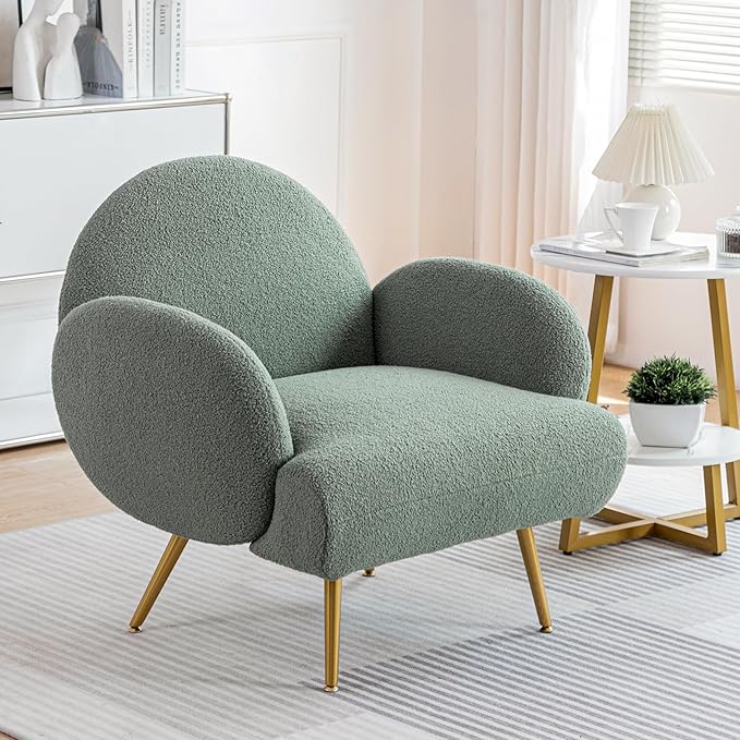 Accent Chair Green with Golden Metal Legs,Reading Chair for Bedroom Comfy, Boucle Sherpa Chair for Living Room, Bedroom