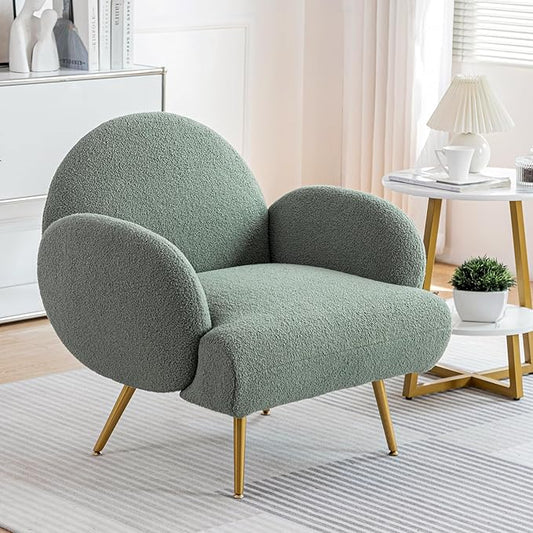 Accent Chair Green with Golden Metal Legs,Reading Chair for Bedroom Comfy, Boucle Sherpa Chair for Living Room, Bedroom