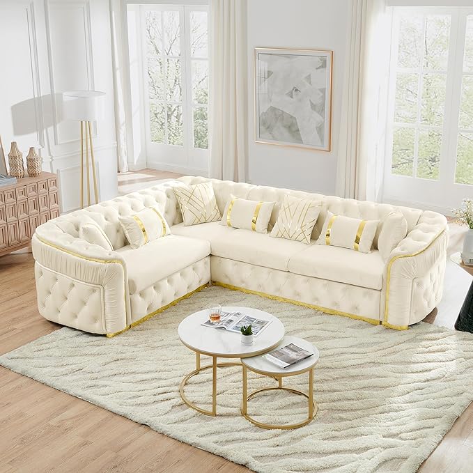 KEIKI 111" L-Shaped Luxury Velvet Chesterfield Sectional Sofa with Gold Stainless Steel Accents and 7 Pillows, Mid-Century Oversized 5-Seater Button Tufted Couch, Easy Assembly, for Living Room, Beige