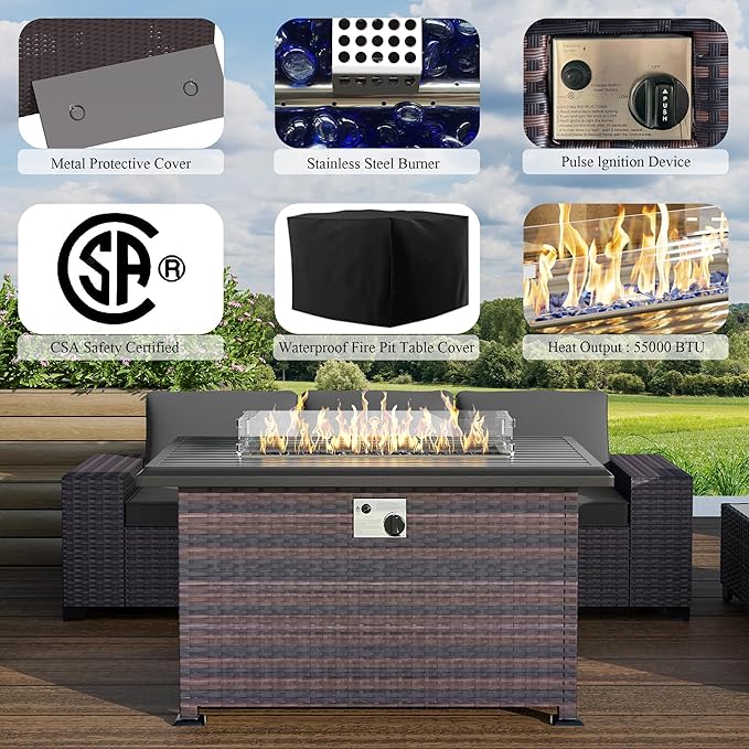 13 PCS Outdoor Patio Furniture Set,Outdoor Sectional Furniture with 43" 55000 BTU Gas Propane Fire Pit Table,All Weather PE Rattan Wicker Patio Conversation Set,Grey