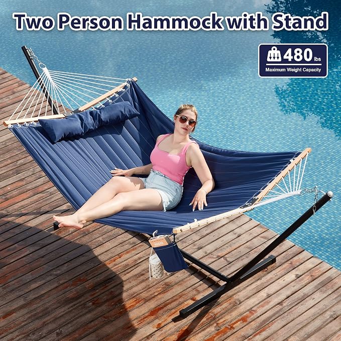 Homgava Two Person Hammock with Stand for Outside Heavy Duty, Outdoor Patio Hammock with Portable Steel Stand, Large Double Hammocks,480lbs Capacity.(Dark Blue) - Image 2